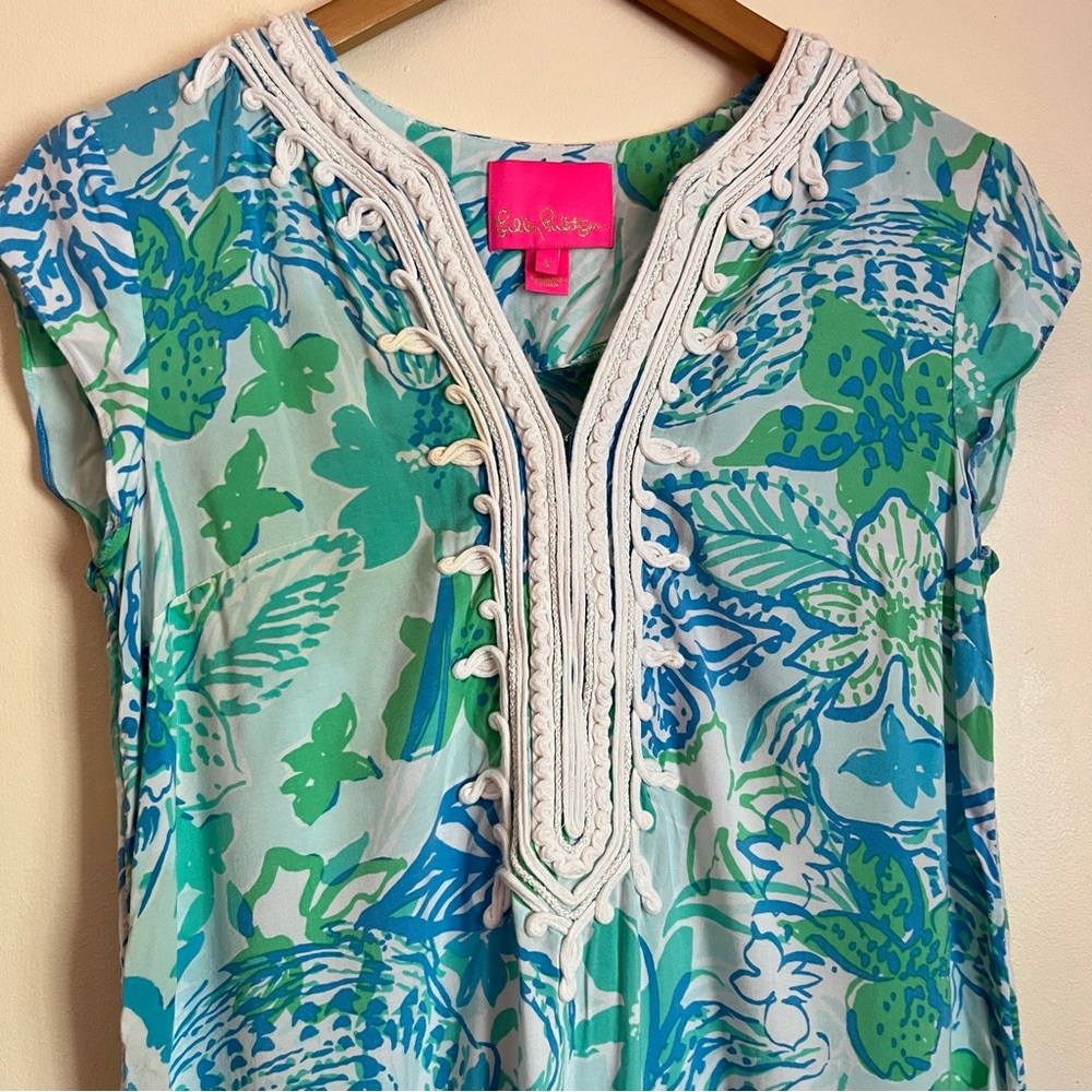 Lilly Pulitzer Madia Blue Green Tunic Shift Dress Small Crochet Neckline Resort - Picture 5 of 11